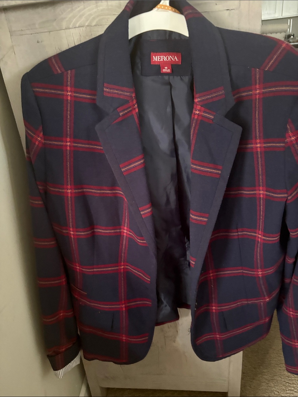 Merona Navy Blazer with Red Plaid Windowpane